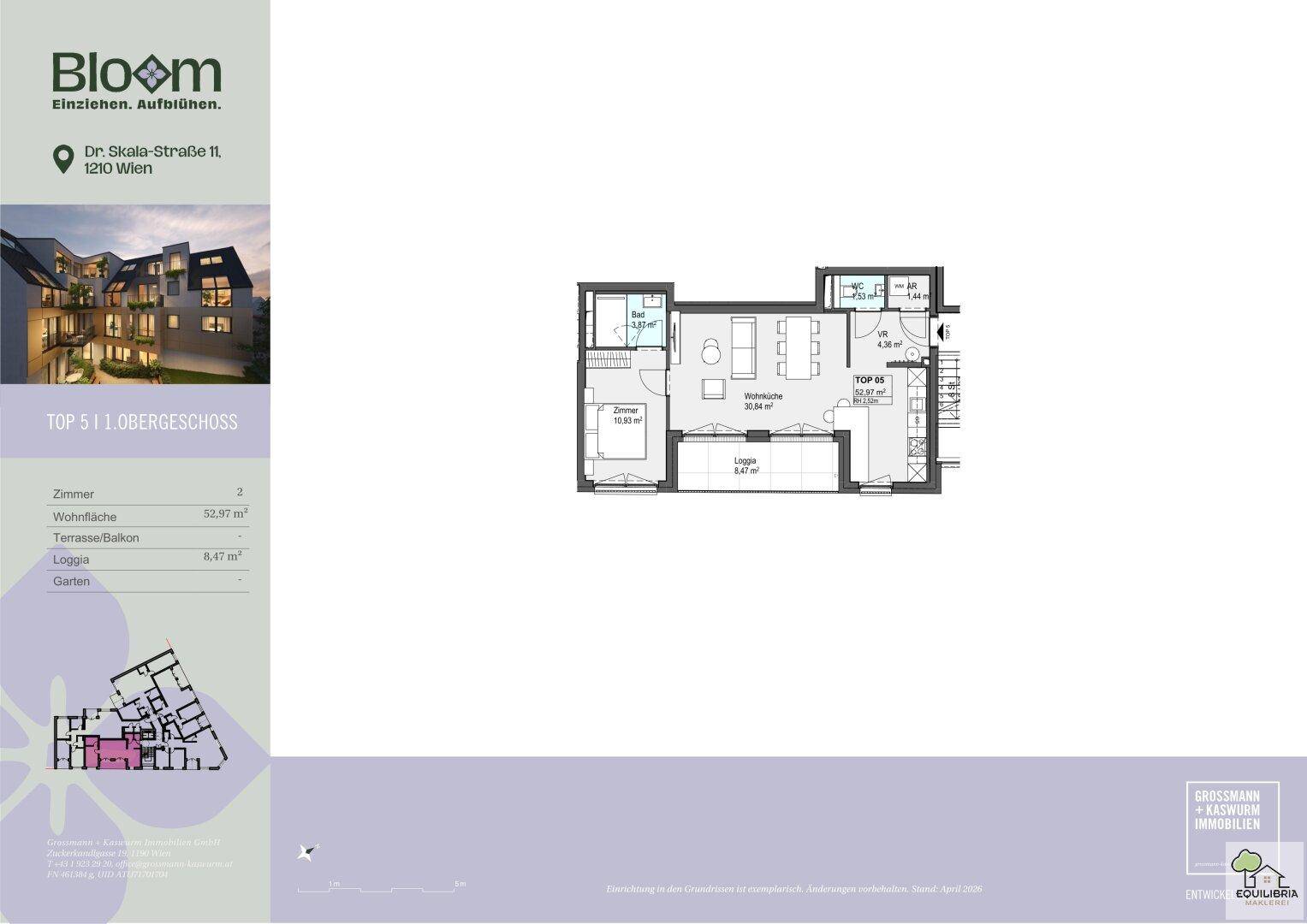 Grundriss einer 52,97 m² großen Wohnung mit offener Wohnküche, Schlafzimmer, Bad, separatem WC und Loggia.