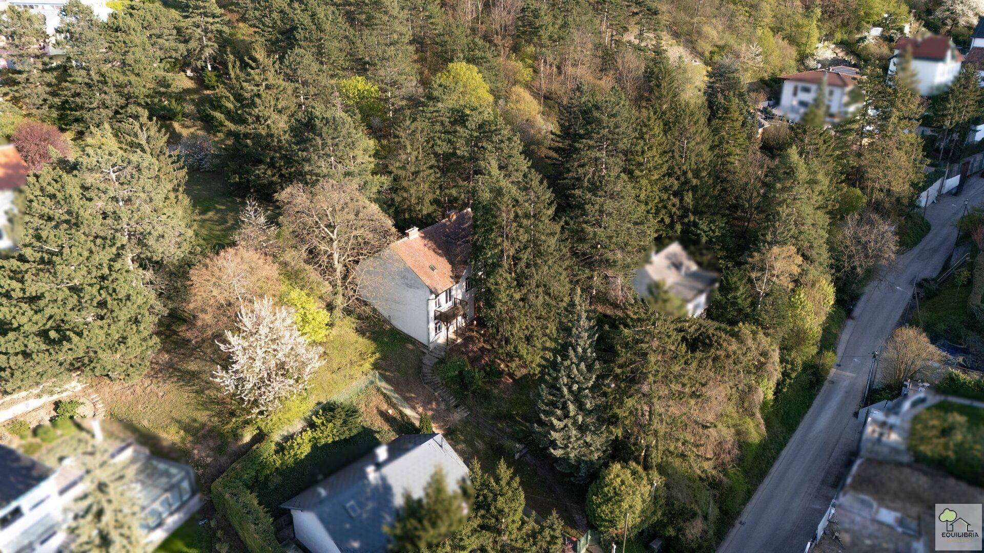 Weitläufige Luftaufnahme eines Wohngebiets mit Häusern, Gärten und viel Wald.
