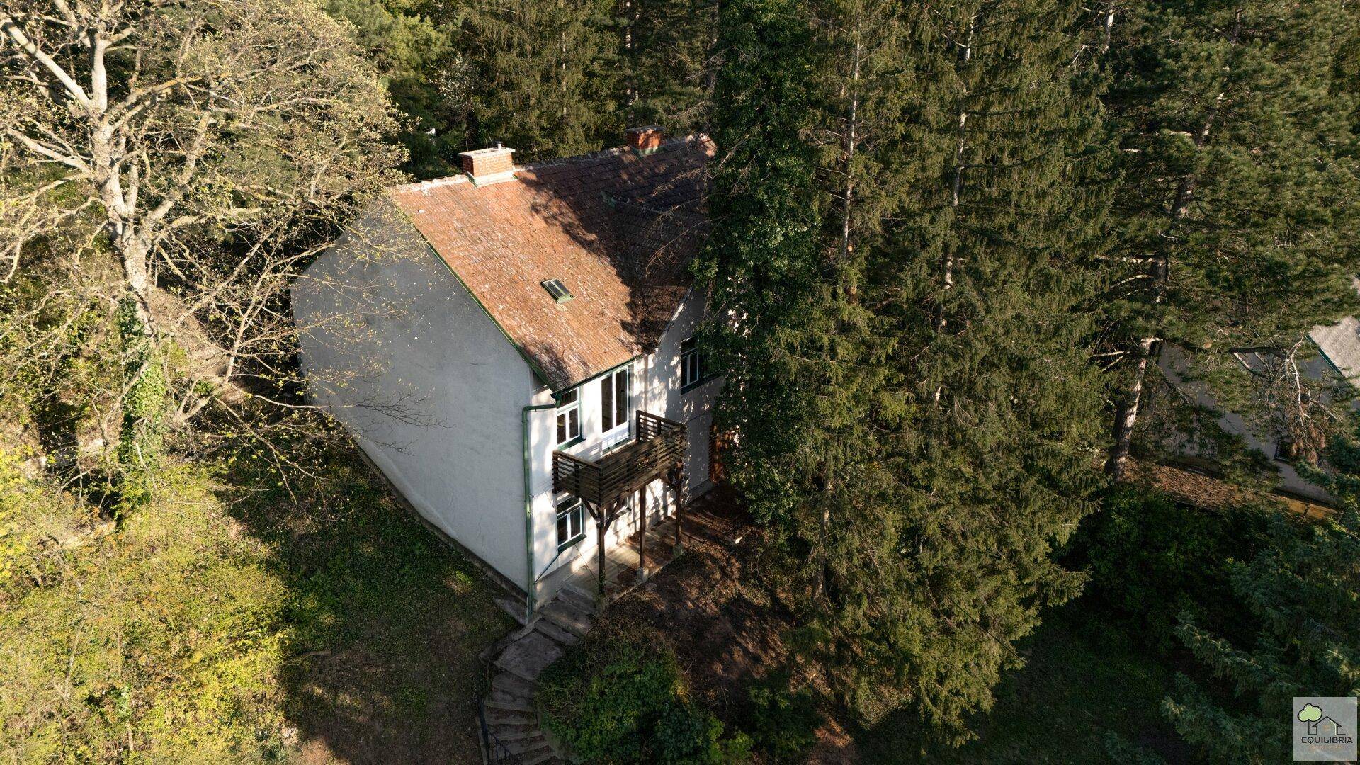 Luftaufnahme des Wohnhauses mit Balkonen und Ziegeldach, umgeben von Wald und Grünflächen.