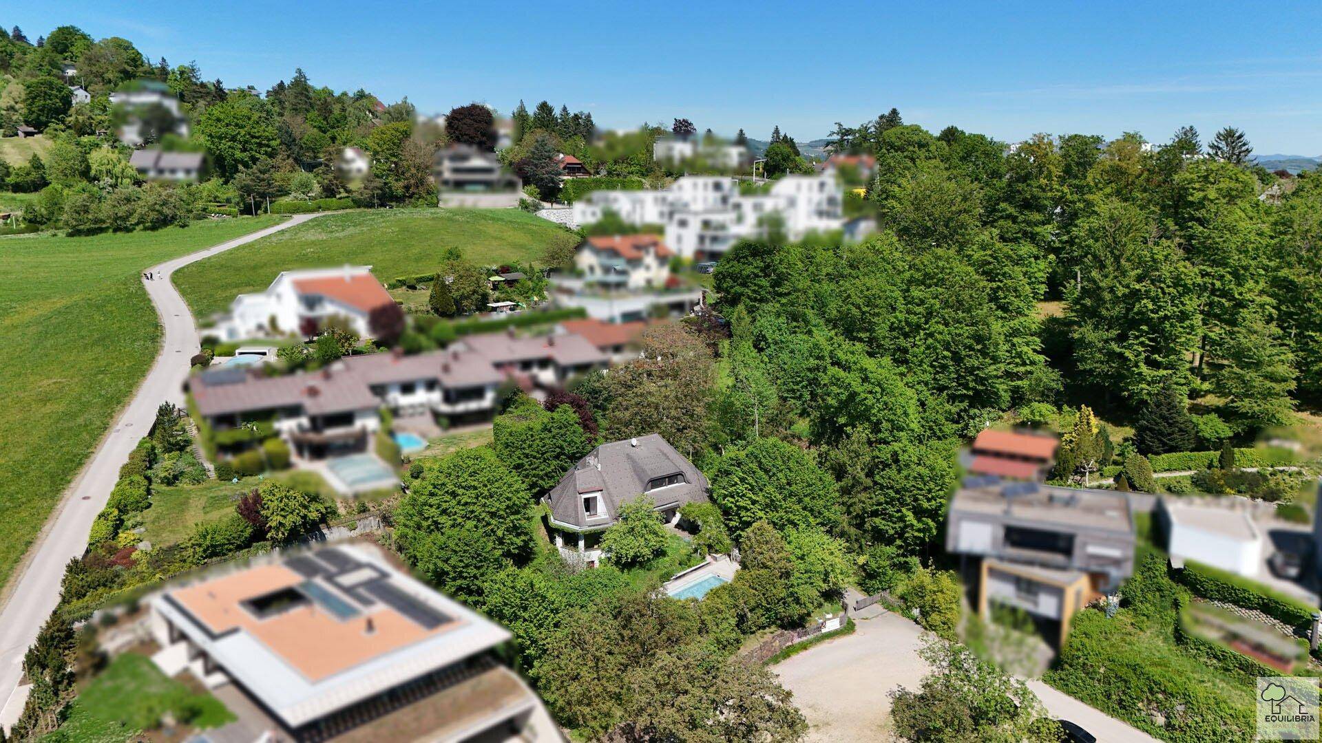 Luftaufnahme des Anwesens mit Pool, umgeben von viel Grün und der umliegenden Wohngegend.