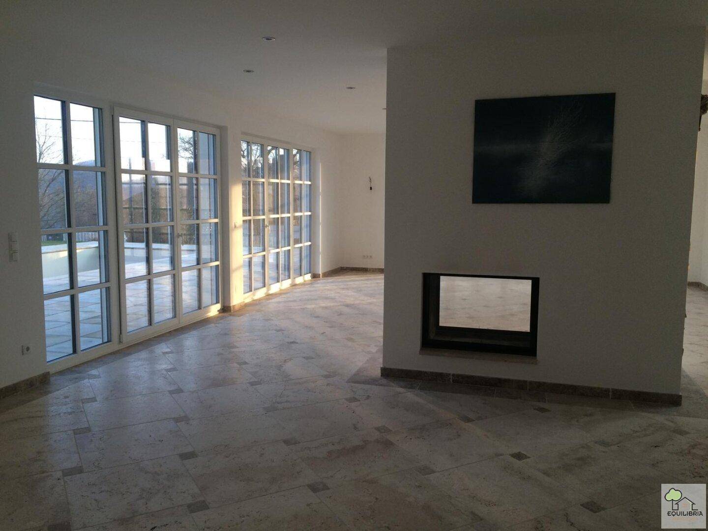 Heller Wohnbereich mit Kamin, großen Fenstern und Zugang zum Außenbereich.