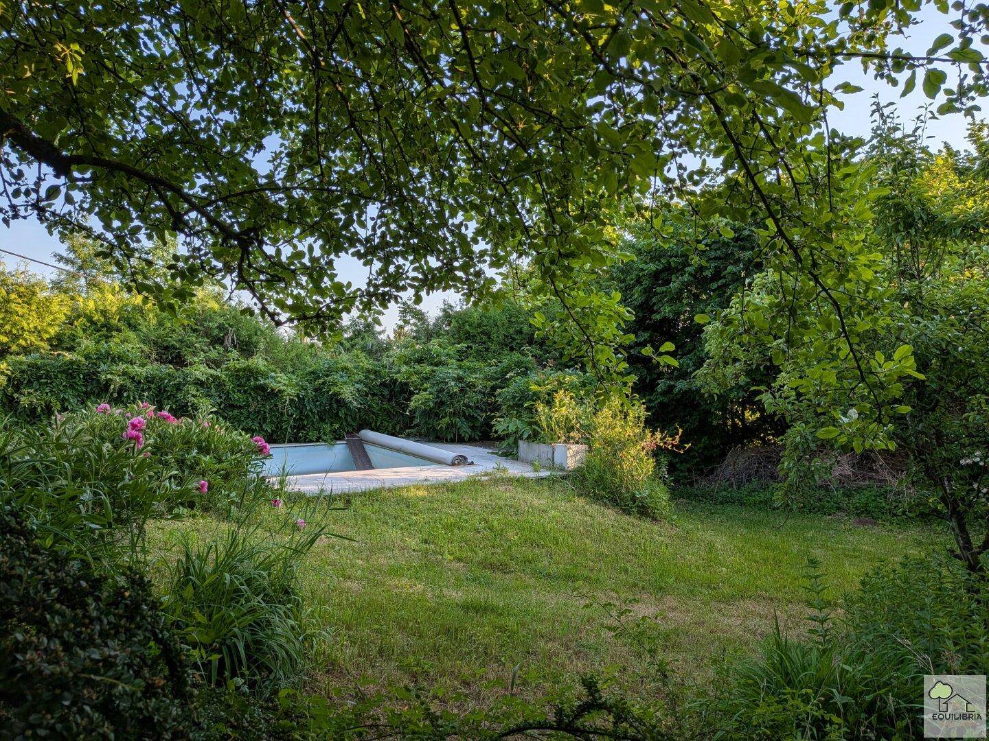 Großer Gartenbereich mit Rasenfläche, Bäumen und einem teilweise abgedeckten Pool im Hintergrund.