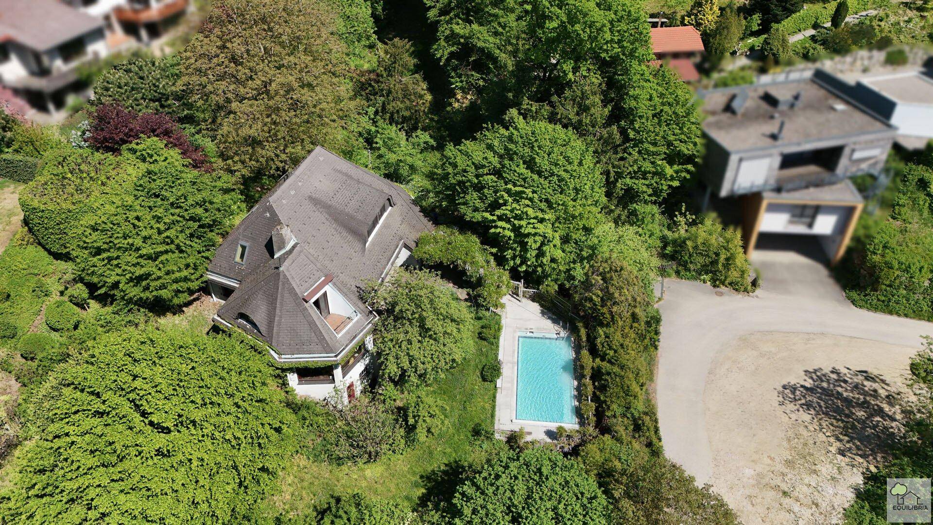 Vogelperspektive des Anwesens mit Pool und üppiger Vegetation in einer ruhigen Umgebung.