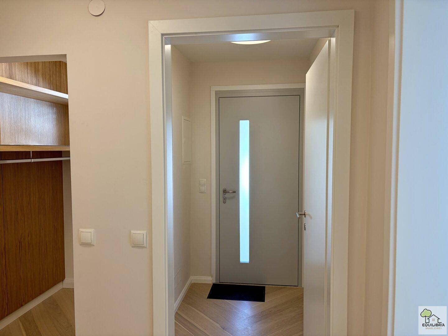 Heller Eingangsbereich mit moderner Haustür und Zugang zu einem praktischen Kleiderschrank.