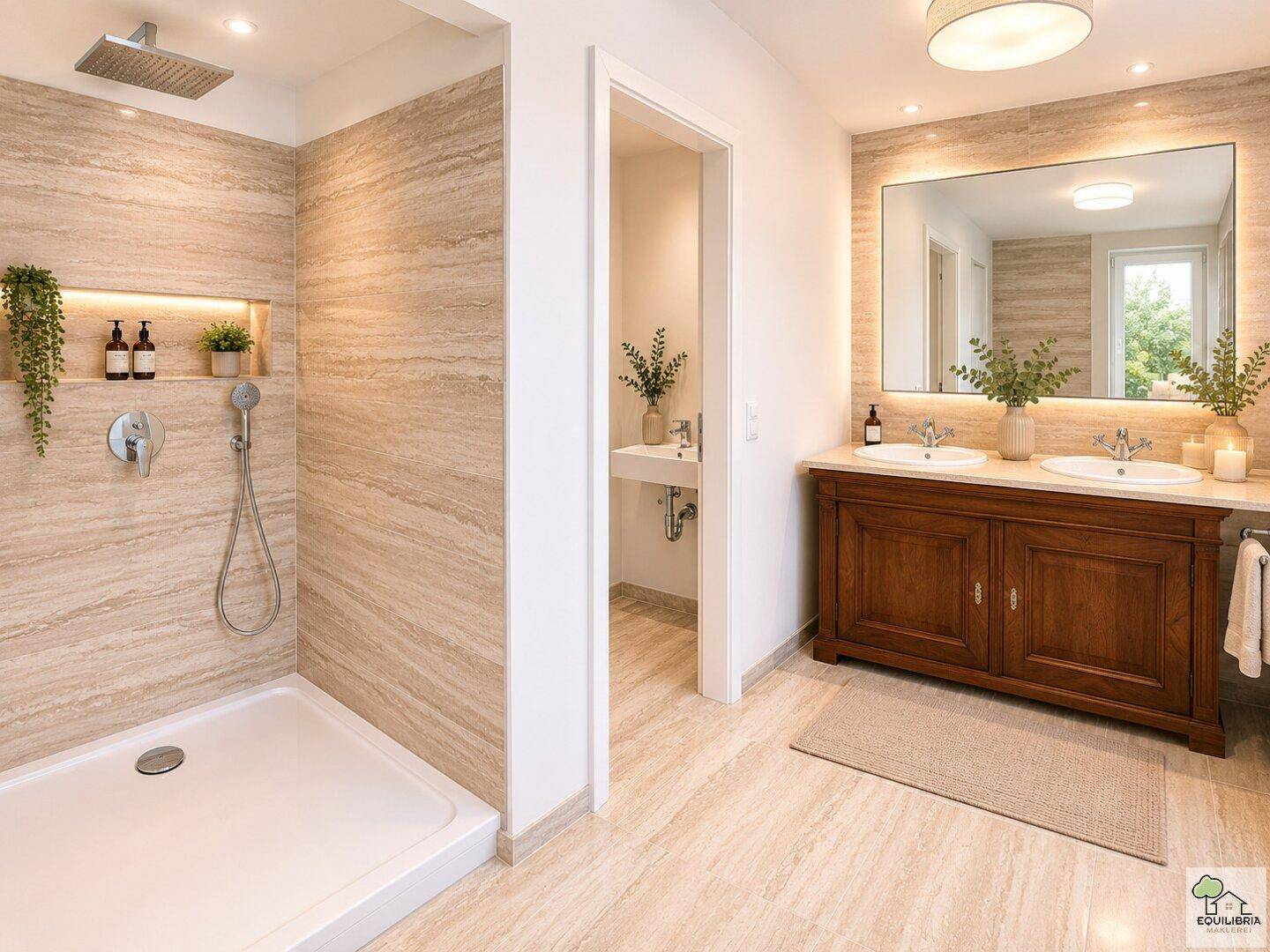 Luxuriöses Badezimmer mit Doppelwaschbecken, großer Dusche und eleganten Fliesen.