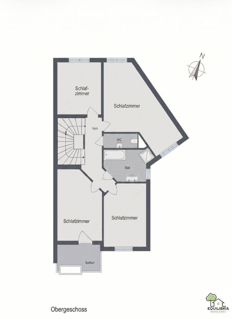 Grundriss des Obergeschosses mit vier Schlafzimmern, Bad, WC und Balkon.