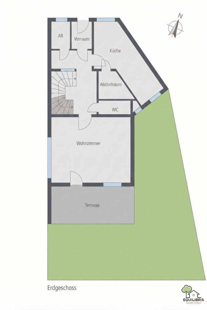 Grundriss des Erdgeschosses mit Wohnzimmer, Küche, WC und Terrasse.