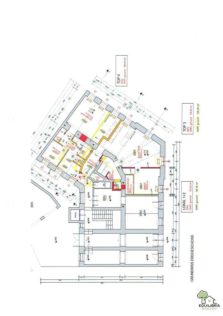 Grundriss des Erdgeschosses mit verschiedenen Wohneinheiten und deren Aufteilung.