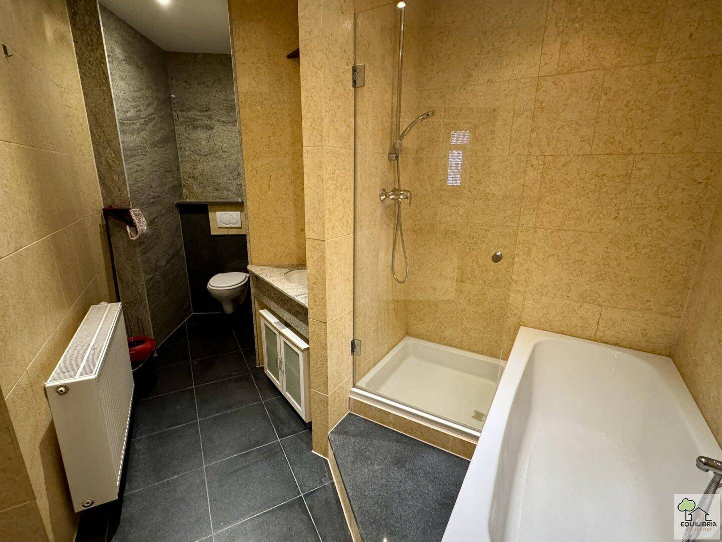 Modernes Badezimmer mit Duschkabine, Wand-WC und Einzelwaschbecken, gefliest in dunklen und hellen Tönen.