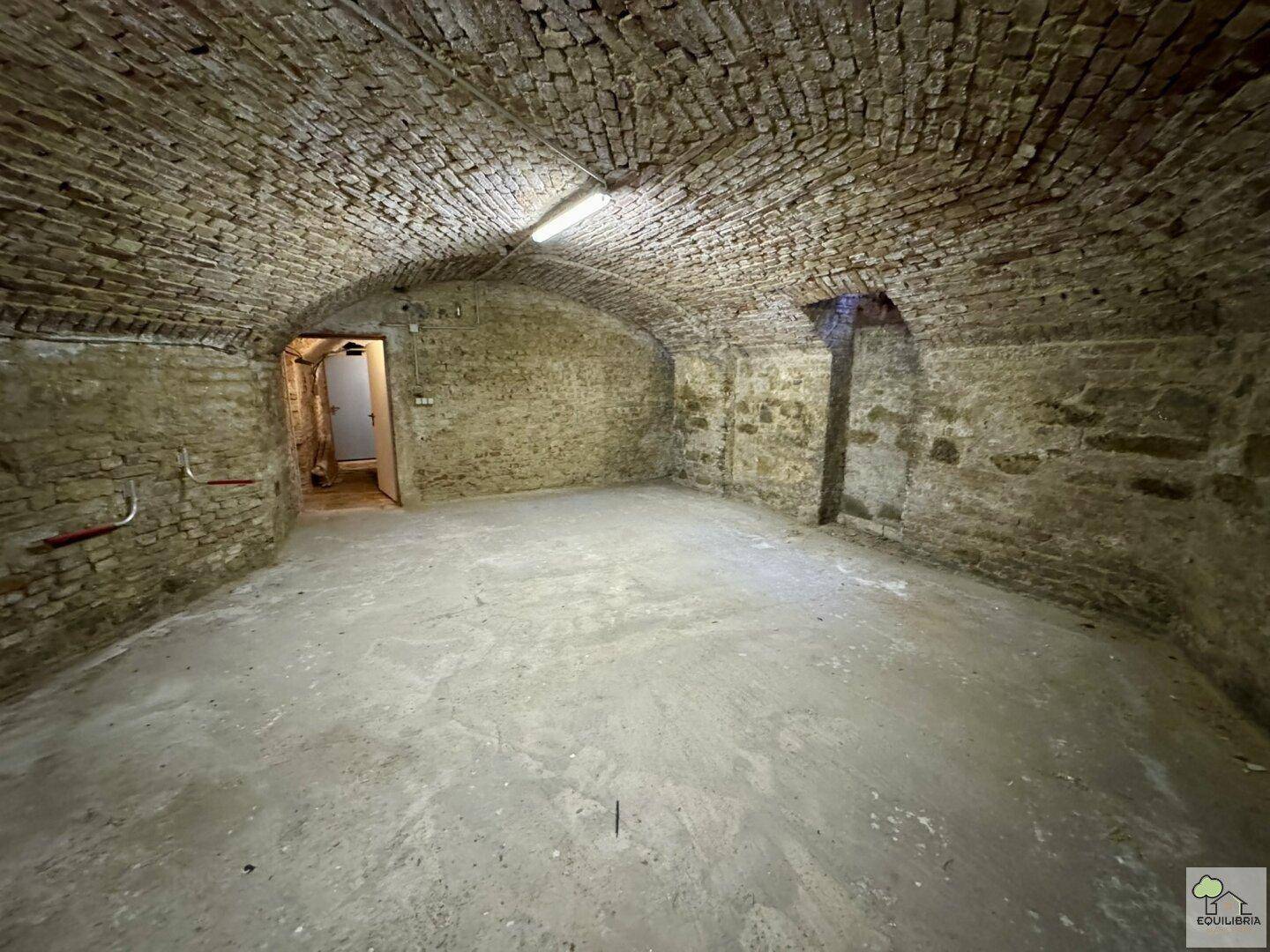Geräumiger Keller mit historischem Ziegelgewölbe und robusten Steinwänden, bietet viel Stauraum.