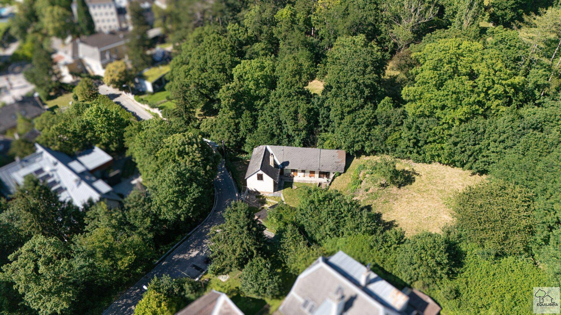 Luftbild eines Hauses an einer kurvigen Straße, umgeben von üppiger Vegetation.
