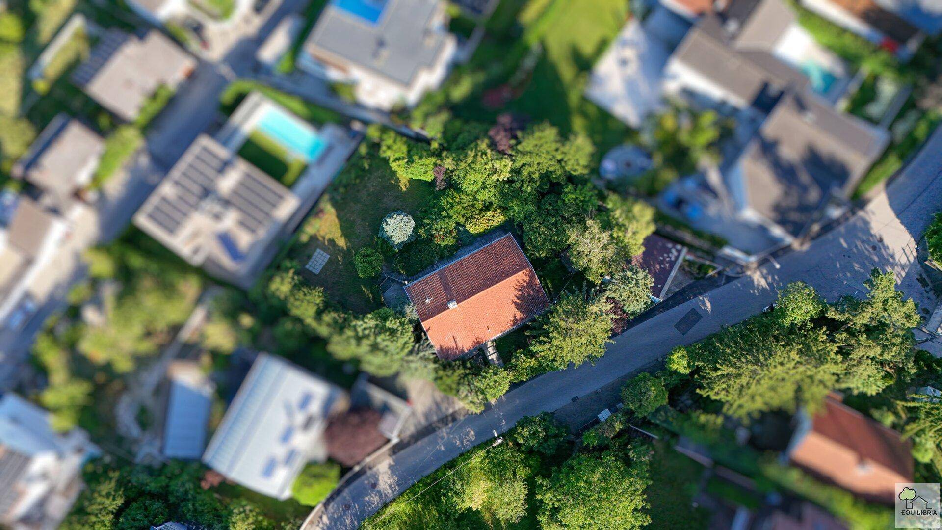 Direkte Draufsicht auf ein Einfamilienhaus mit rotem Dach, eingebettet in eine grüne Wohnsiedlung.