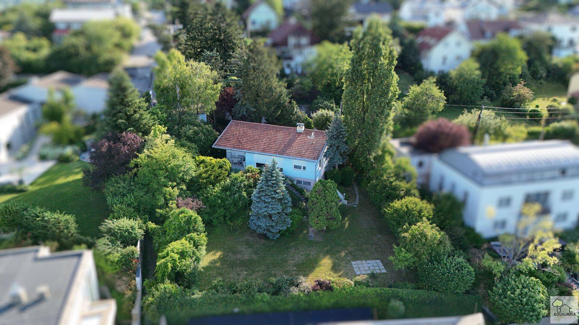 Freistehendes Haus mit Garten und altem Baumbestand in einer ruhigen Wohngegend.