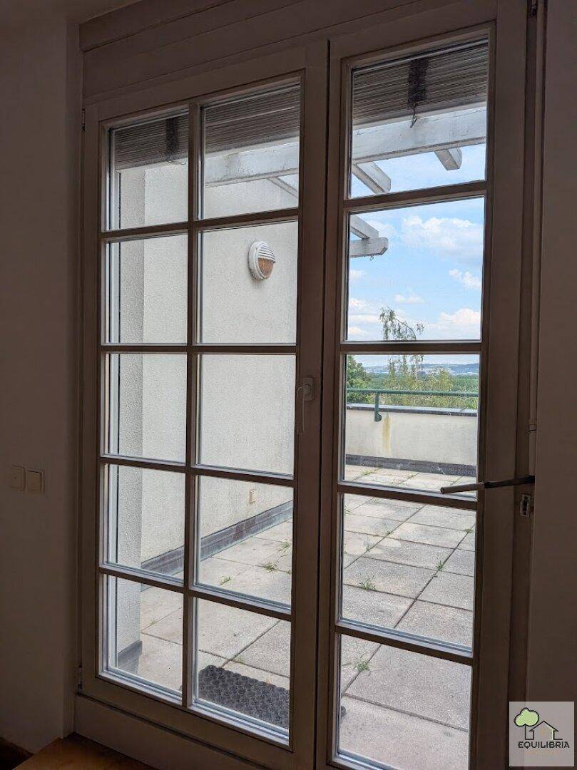 Französische Tür mit Sprossenfenstern bietet Zugang zu einer sonnigen Außenterrasse.