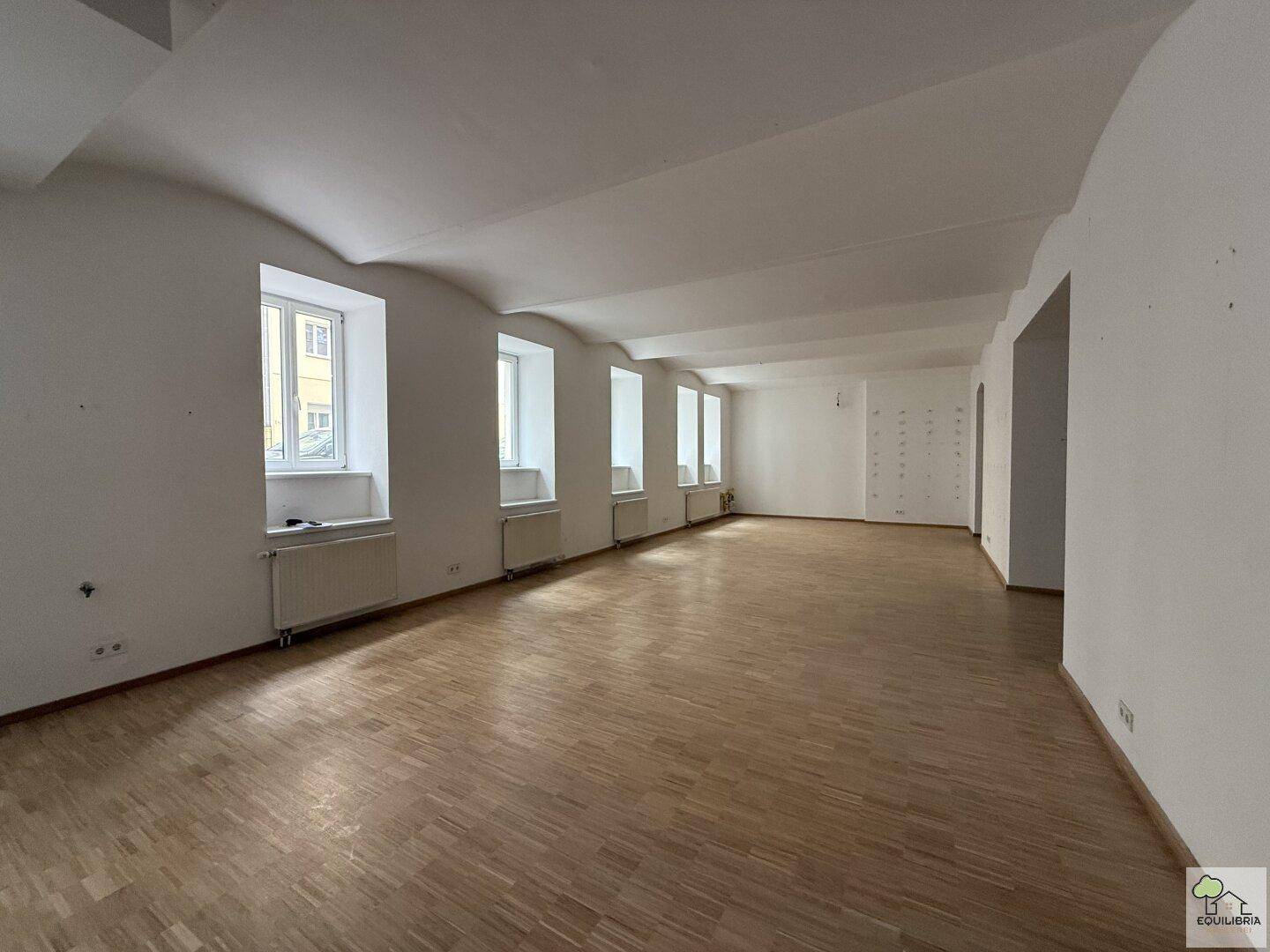 Langer, heller Raum mit mehreren Fenstern und Holzboden, bietet viel Tageslicht.