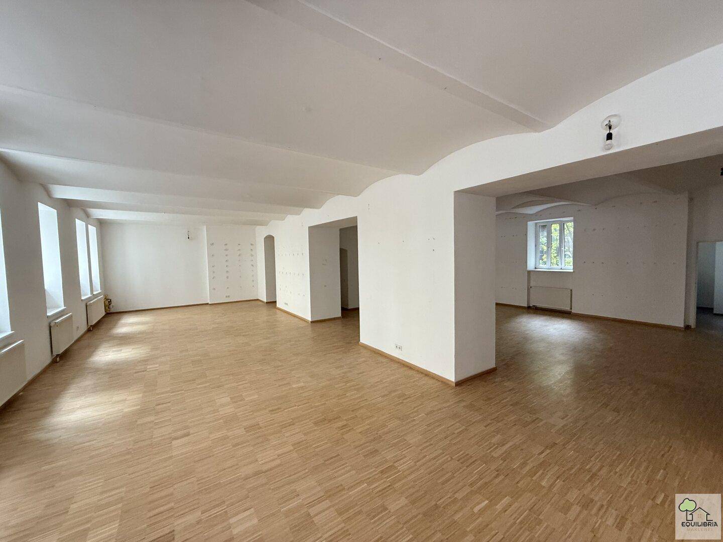 Großer, heller Raum mit vielen Fenstern und Holzboden, bereit für individuelle Gestaltung.