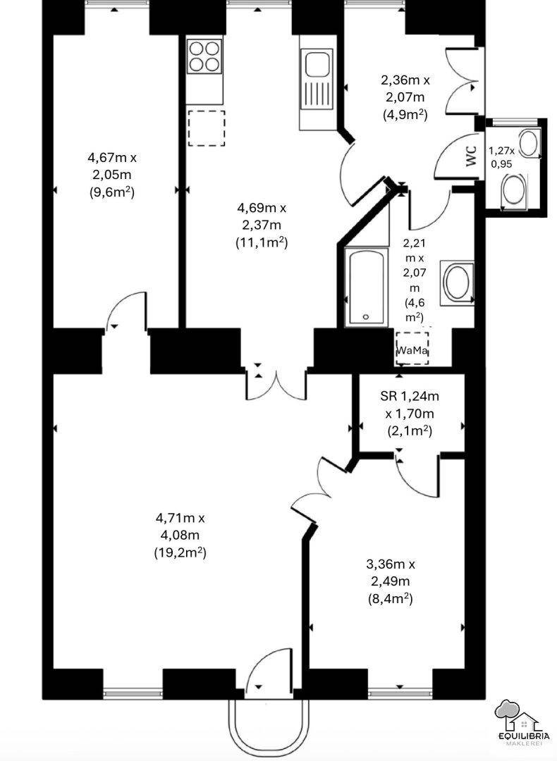 Grundriss einer Wohnung mit mehreren Zimmern, Küche, Bad, separatem WC und Balkon.