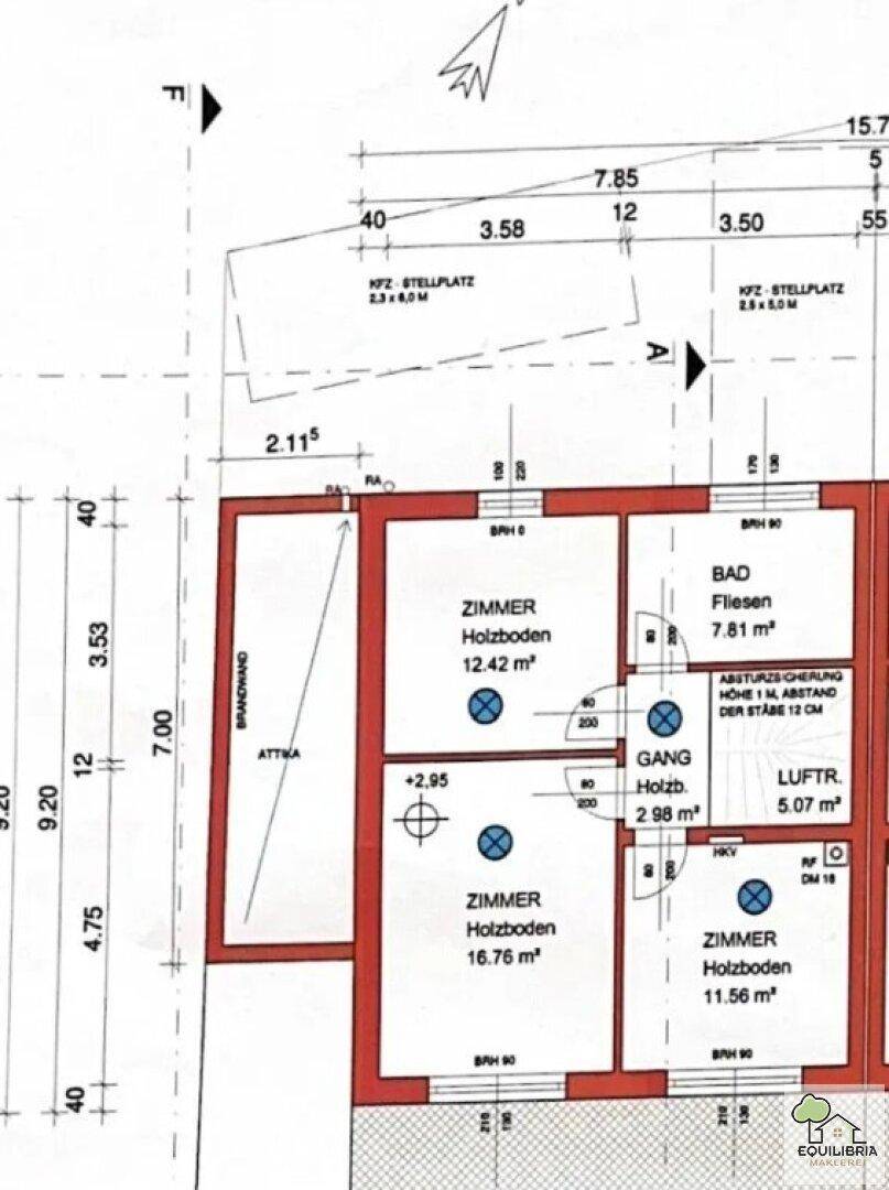 Grundriss des Obergeschosses mit drei Zimmern und einem Badezimmer.