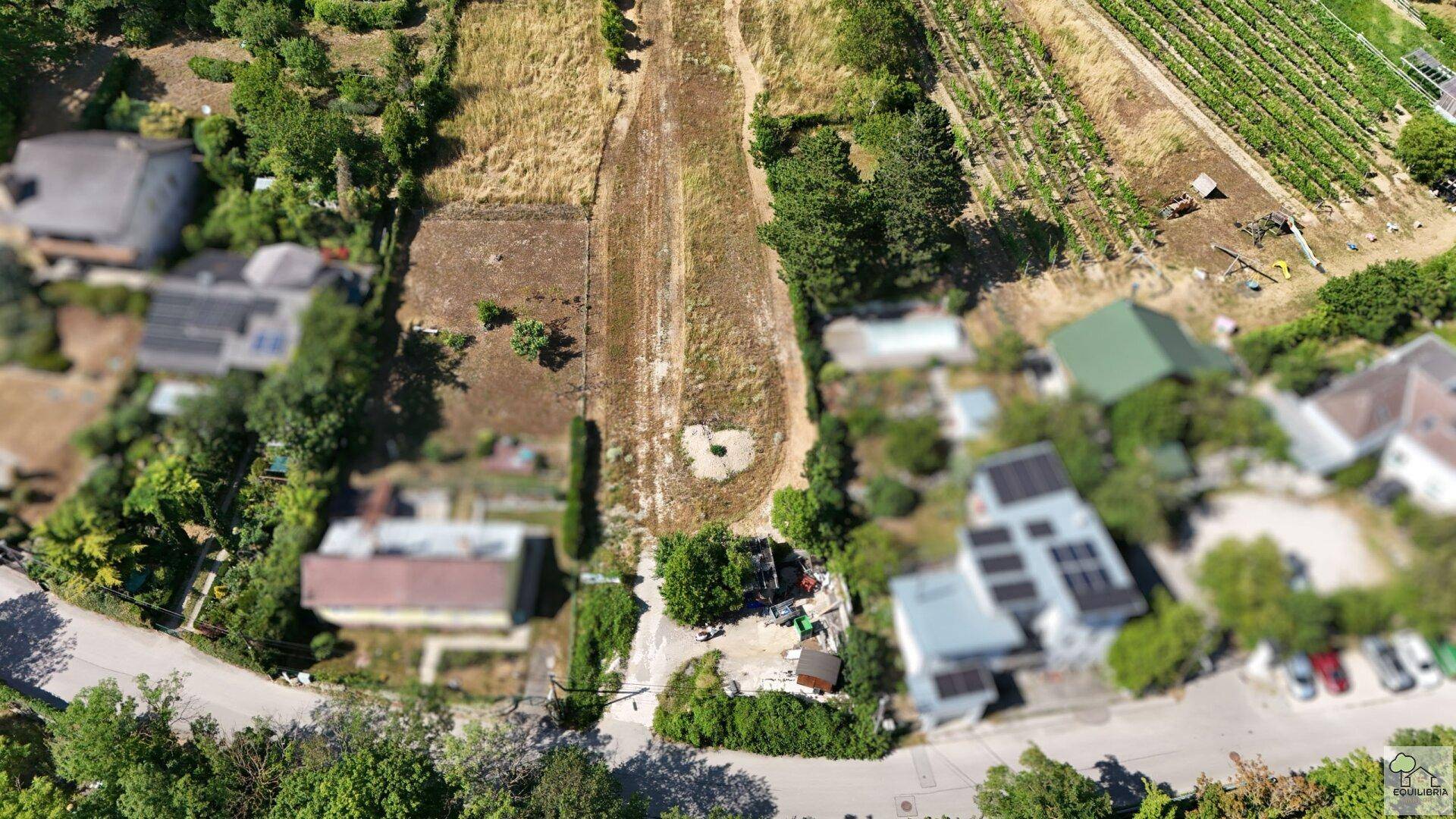 Senkrechte Luftaufnahme eines Grundstücks mit einem Weg, Häusern und angrenzenden Weinbergen, einige mit Solaranlagen.