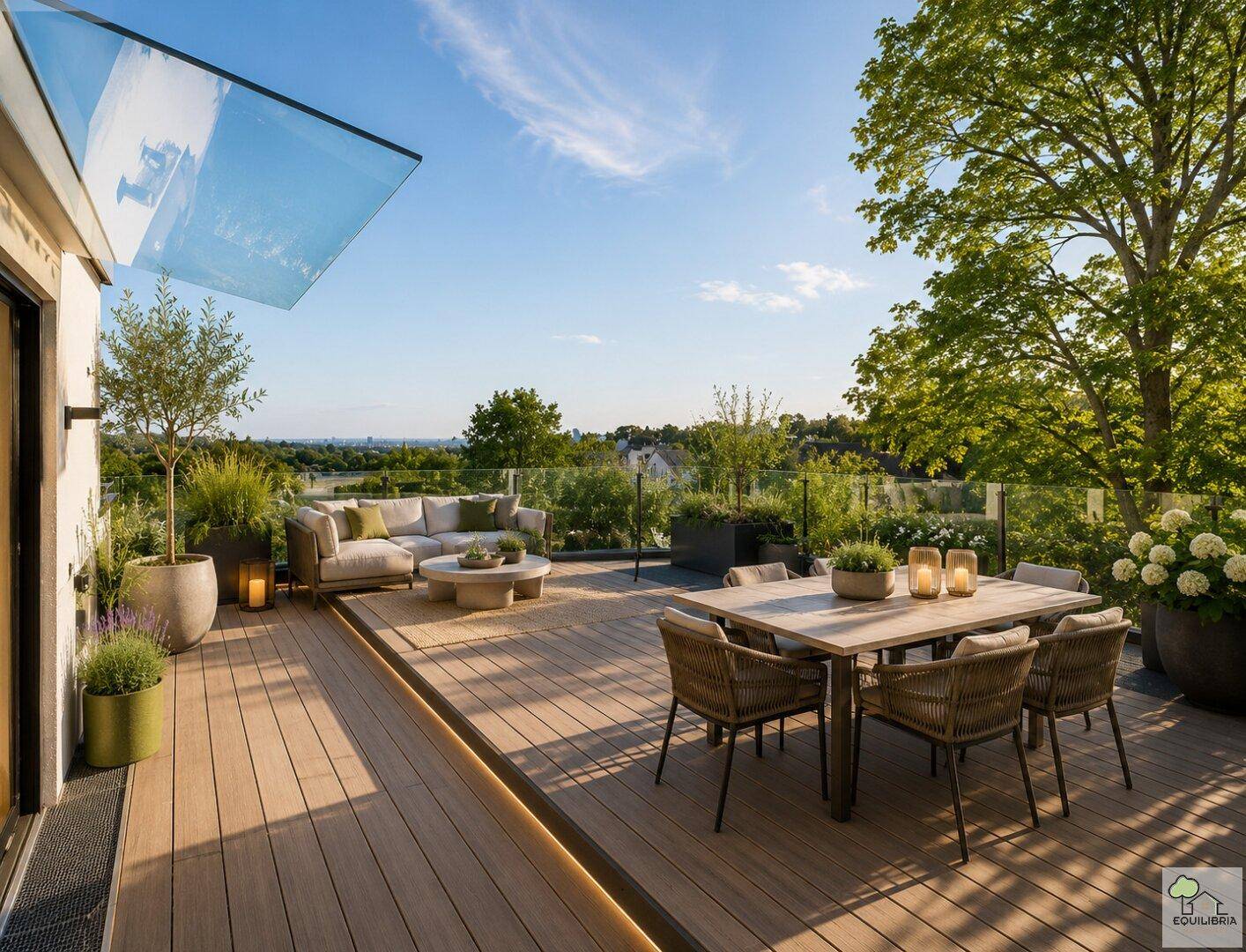 Großzügige Dachterrasse mit Essbereich, Lounge-Möbeln und weitem Blick ins Grüne.