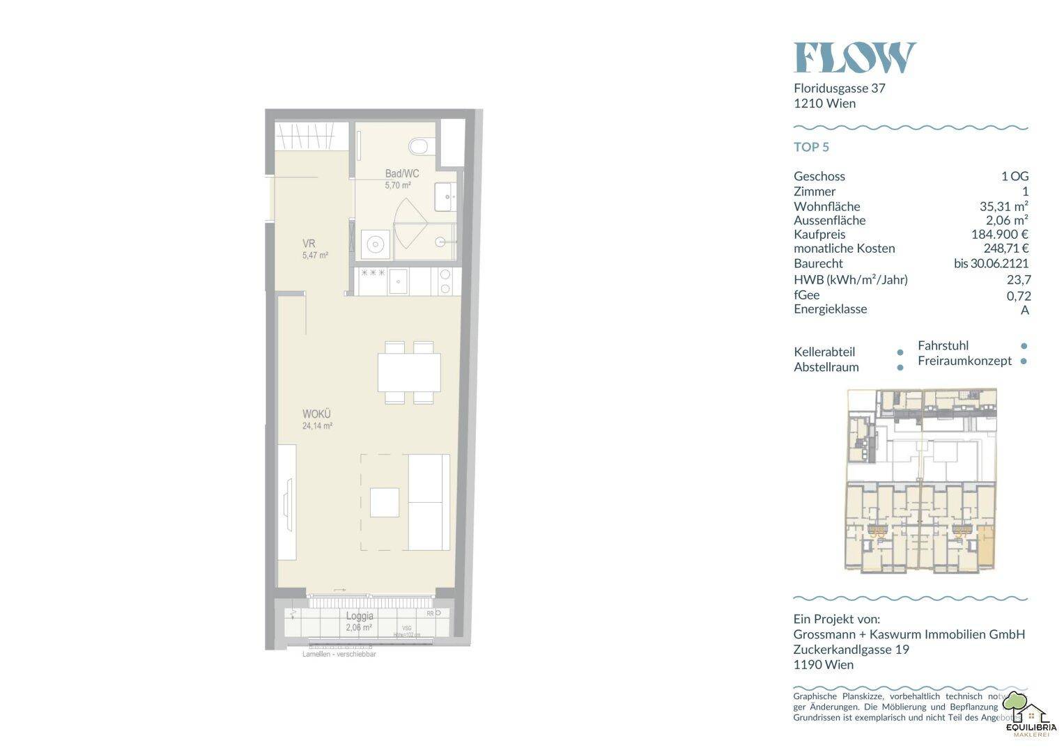 Grundriss einer modernen Kleinwohnung mit offenem Wohn- und Küchenbereich, Bad und Loggia, inklusive Fahrstuhlzugang.