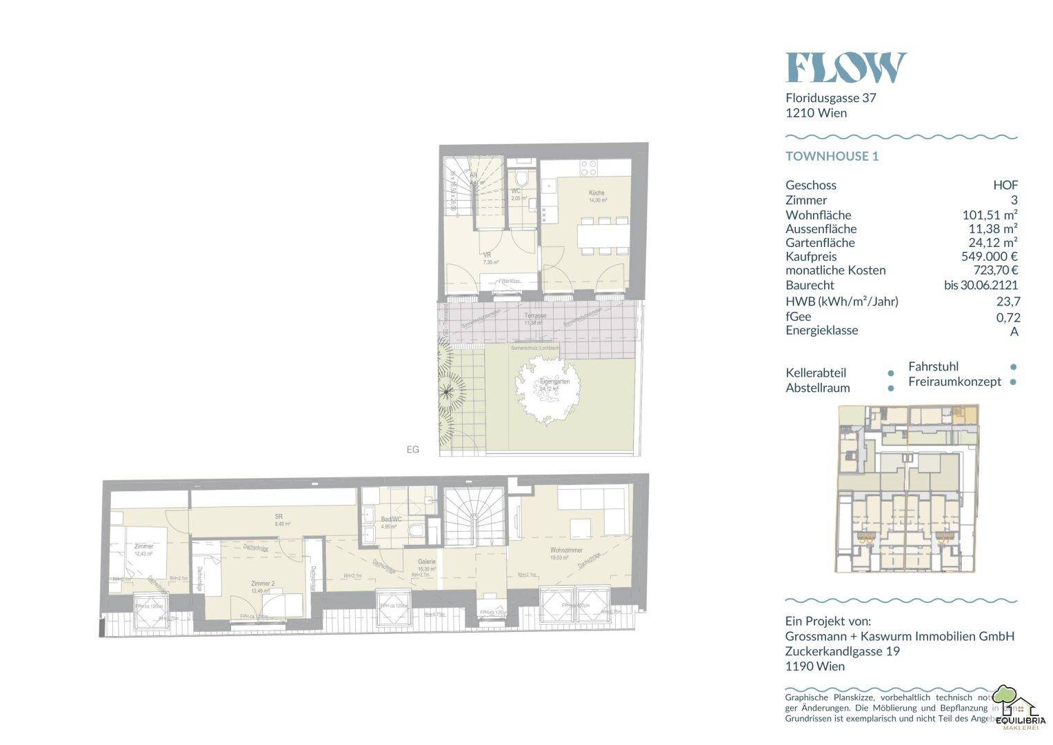 Grundrisspläne eines modernen Townhouses mit mehreren Etagen, Garten, Terrasse und Balkonen.