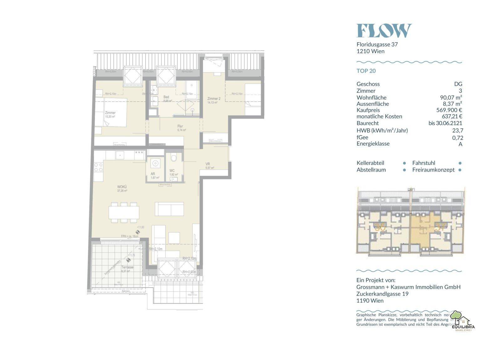 Grundriss einer modernen Wohnung mit offenem Wohn-Essbereich, zwei Bädern, separatem WC und einer Terrasse.