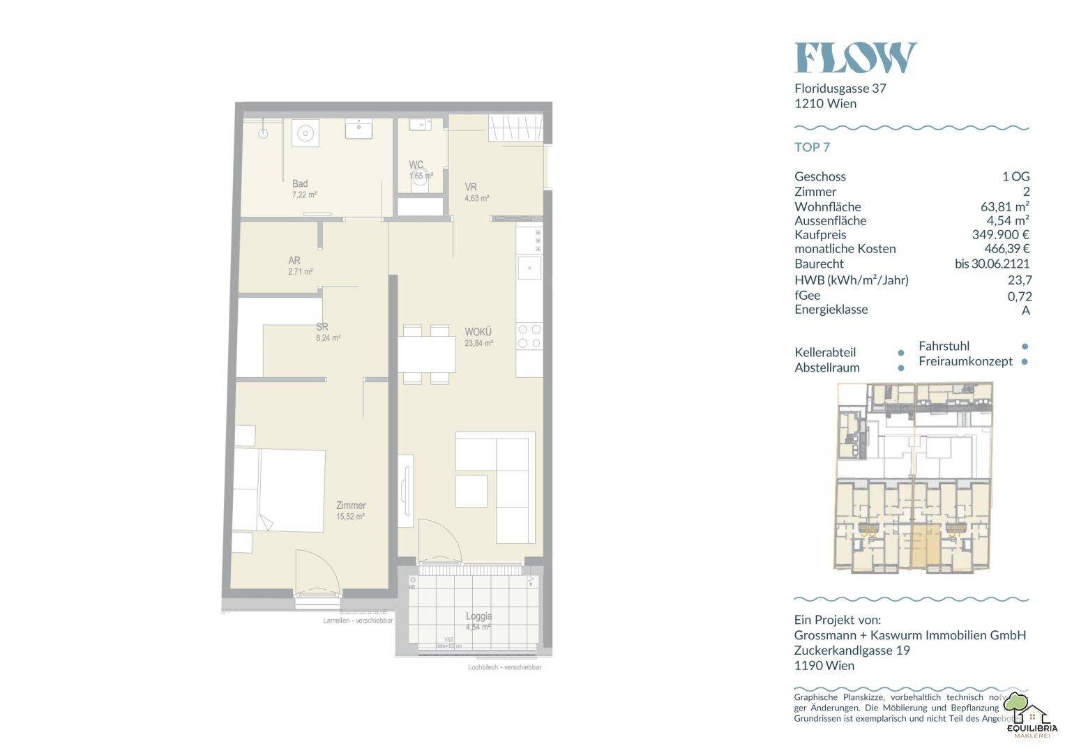 Grundriss einer Wohnung mit offenem Wohnbereich, Schlafzimmer, Bad, separatem WC und Loggia.