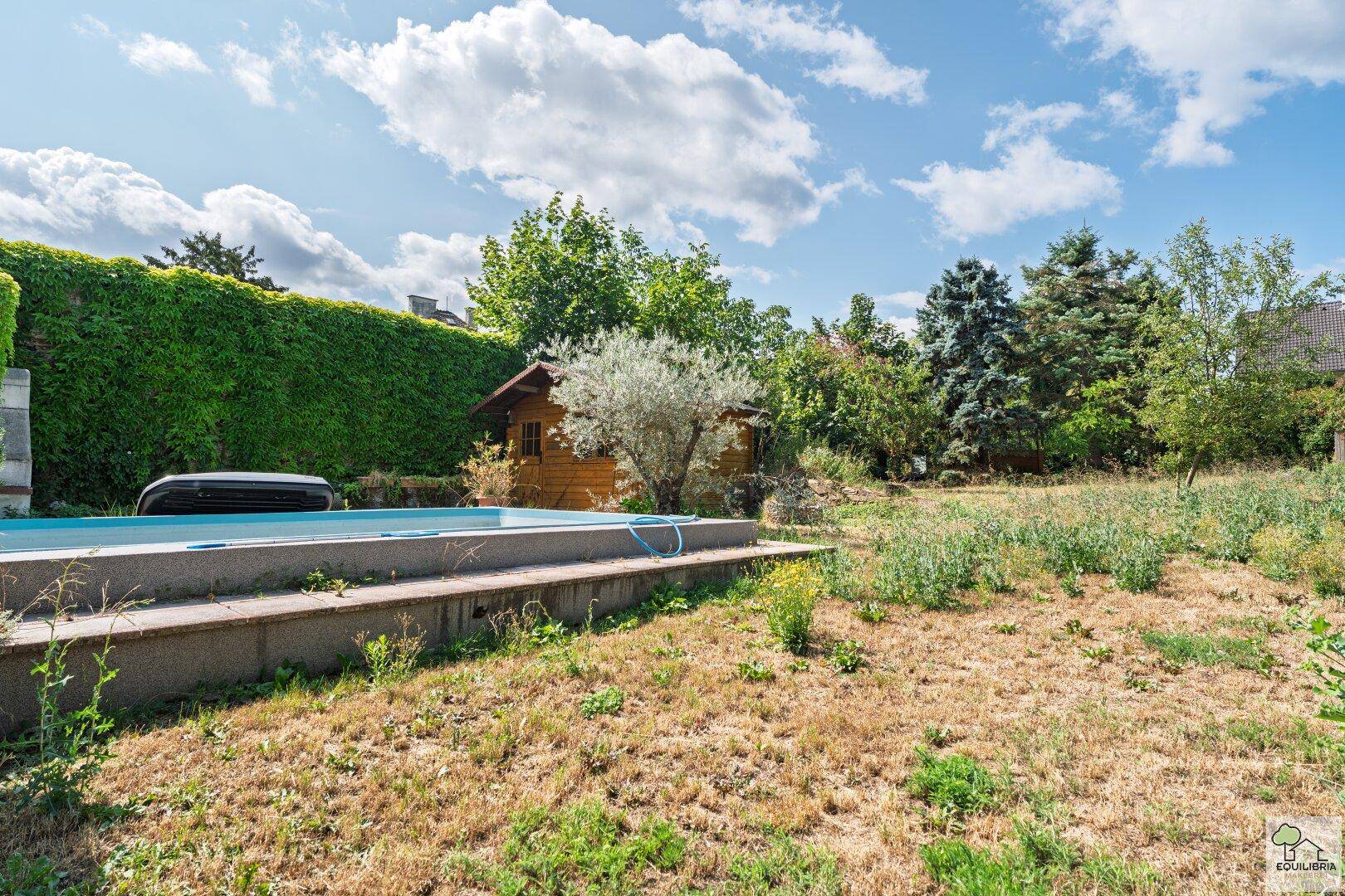 Gartenbereich mit einem Pool, einem kleinen Holzschuppen und viel Grünfläche.
