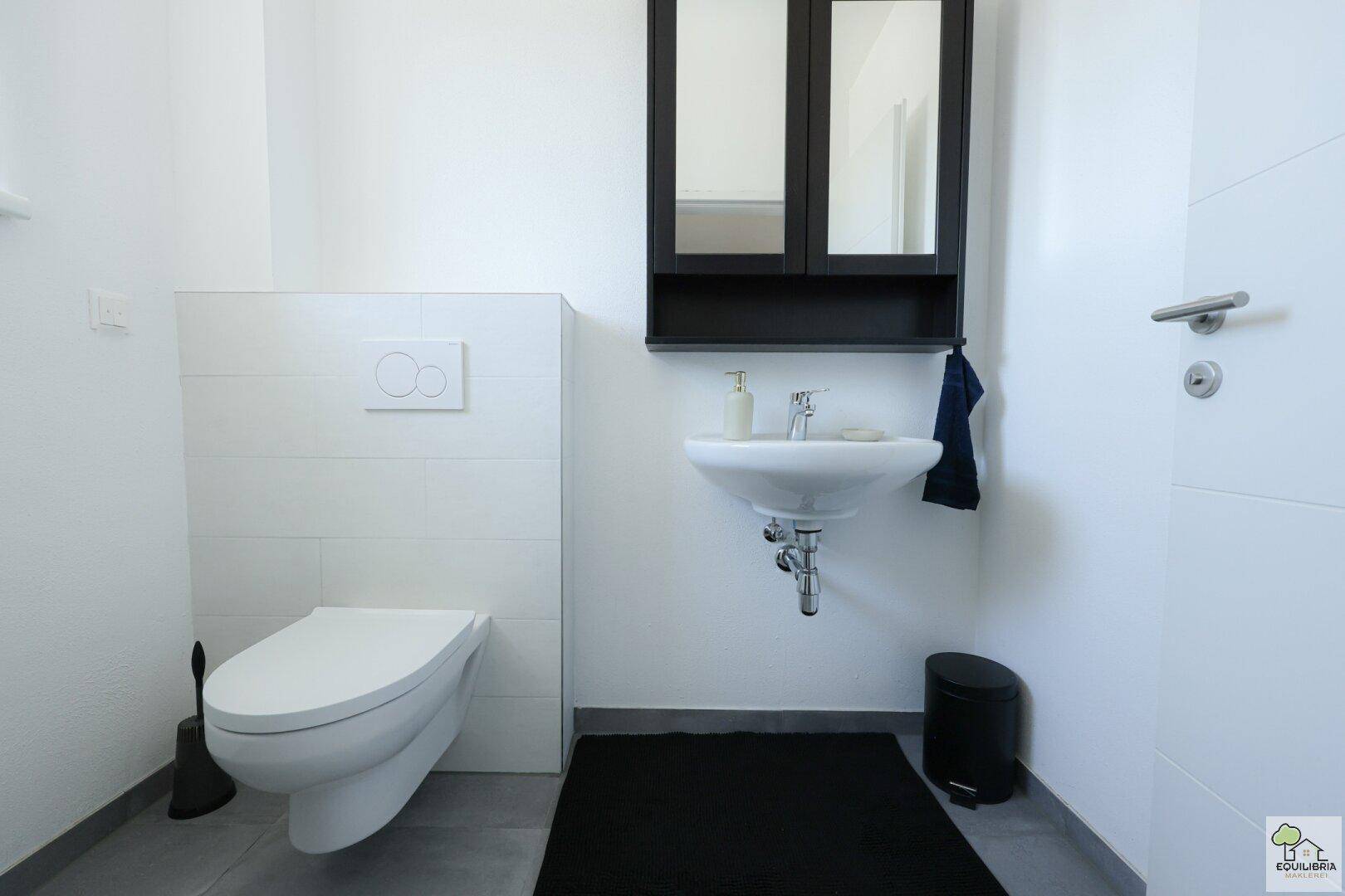 Helles Gäste-WC mit Wand-WC, Einzelwaschbecken und Spiegelschrank.