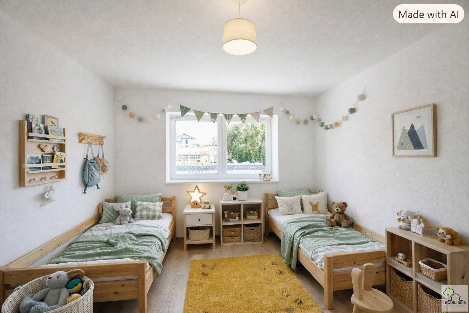 Freundliches Kinderzimmer mit zwei Betten, bunter Dekoration und Blick ins Grüne.