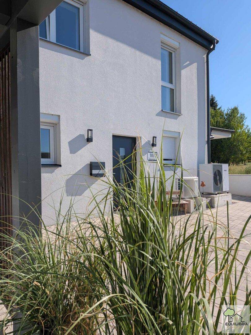 Seitliche Ansicht des modernen Hauses mit Eingangstür und dekorativen Gräsern im Vordergrund.
