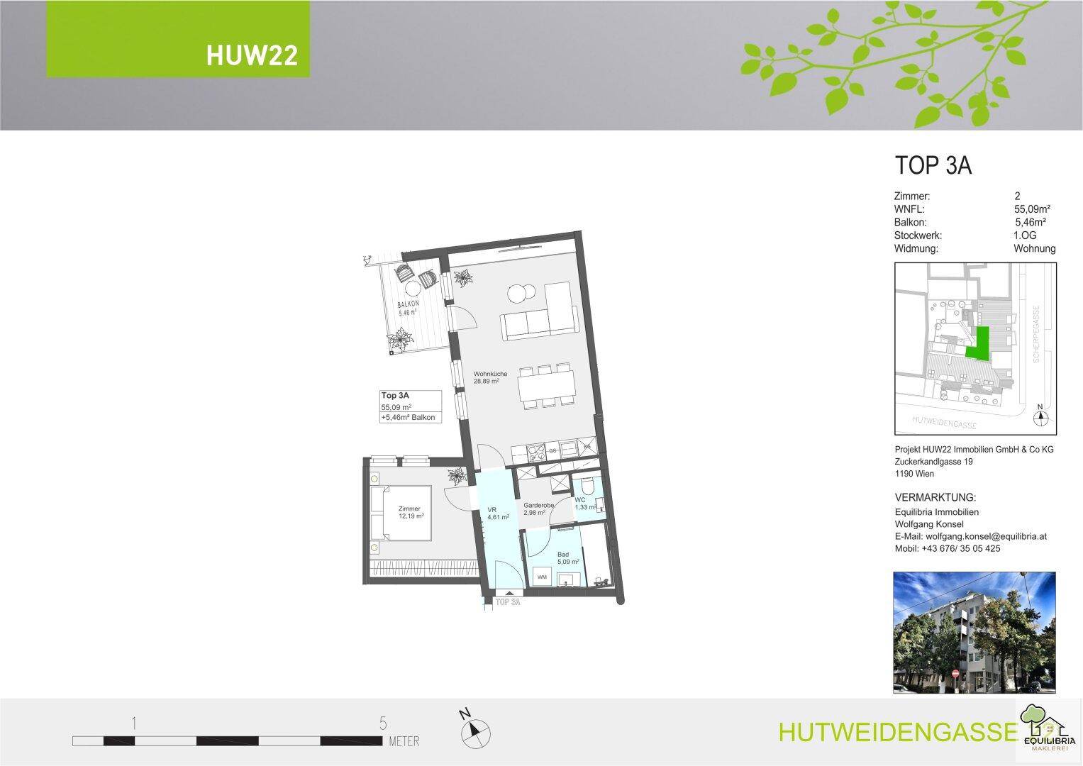 Grundriss der Wohnung TOP 3A mit offenem Wohnbereich, einem Schlafzimmer, Bad, separatem WC und Balkon.
