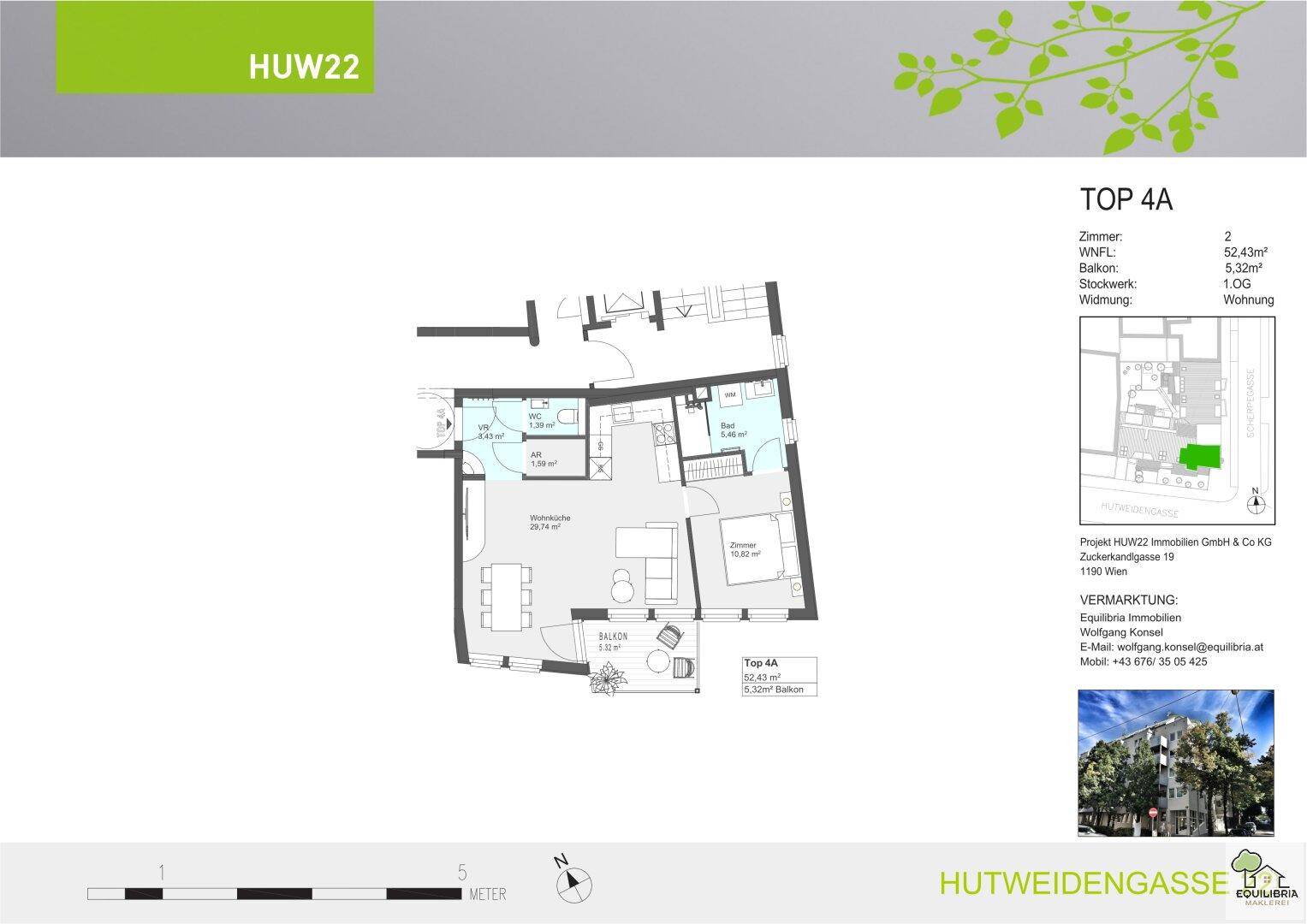 Grundriss der Wohnung TOP 4A mit offenem Wohnbereich, einem Schlafzimmer, Bad, separatem WC und Balkon.