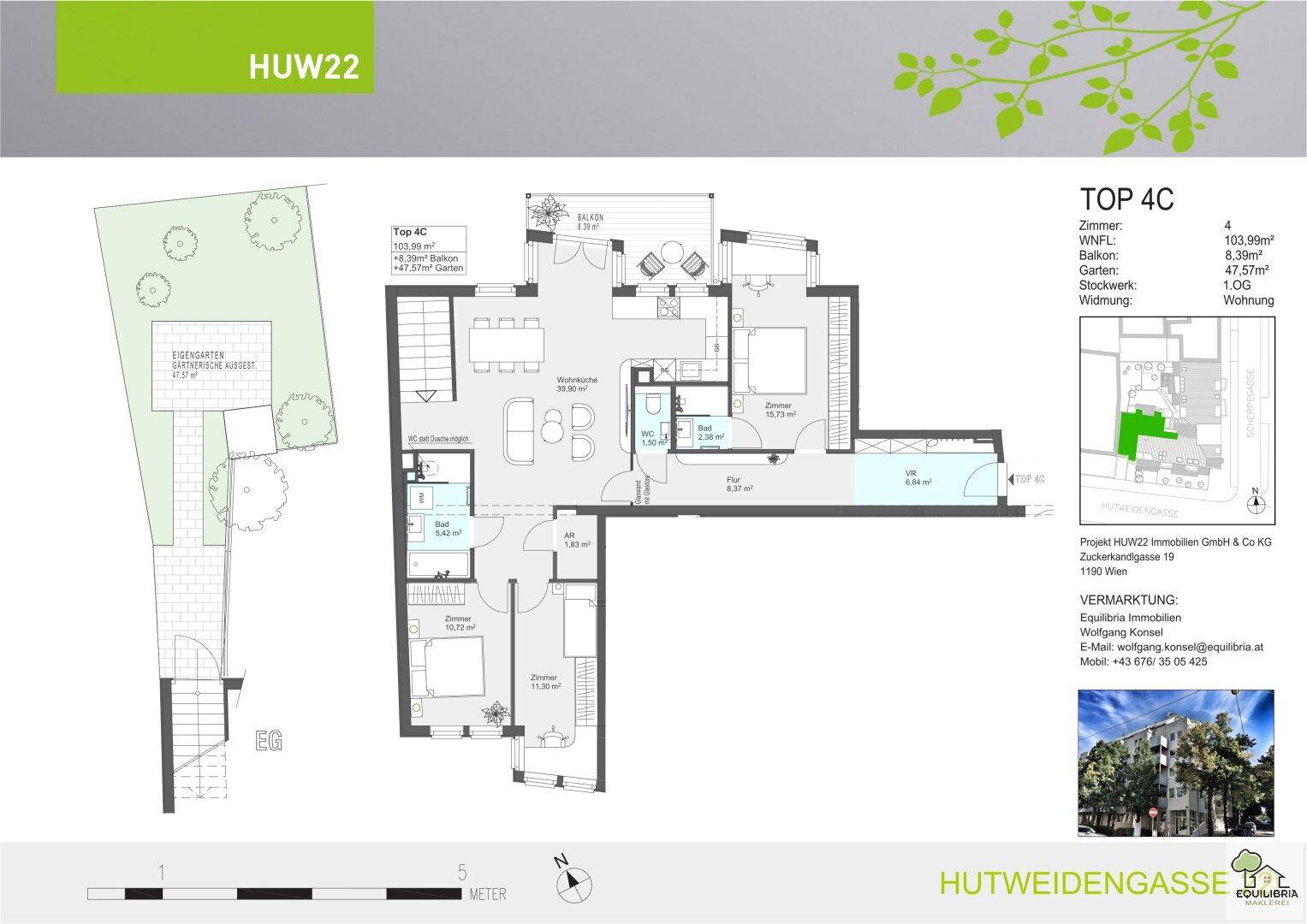 Detaillierter Grundriss einer modernen Wohnung mit offenem Wohnbereich, drei Schlafzimmern, zwei Bädern, Balkon und privatem Garten.