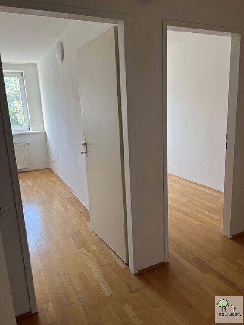 Heller Flur mit Parkettboden, der zu weiteren Zimmern der Wohnung führt.