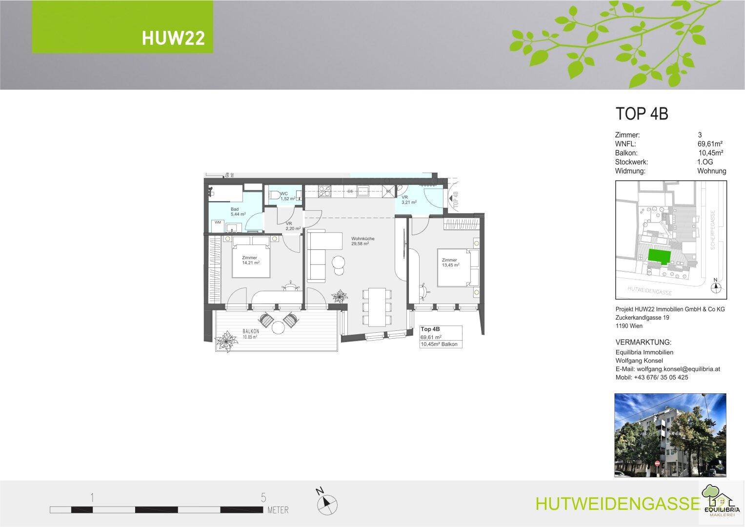 Grundriss der Wohnung Top 4B mit drei Zimmern, Balkon und einer Fläche von 69,61 m².