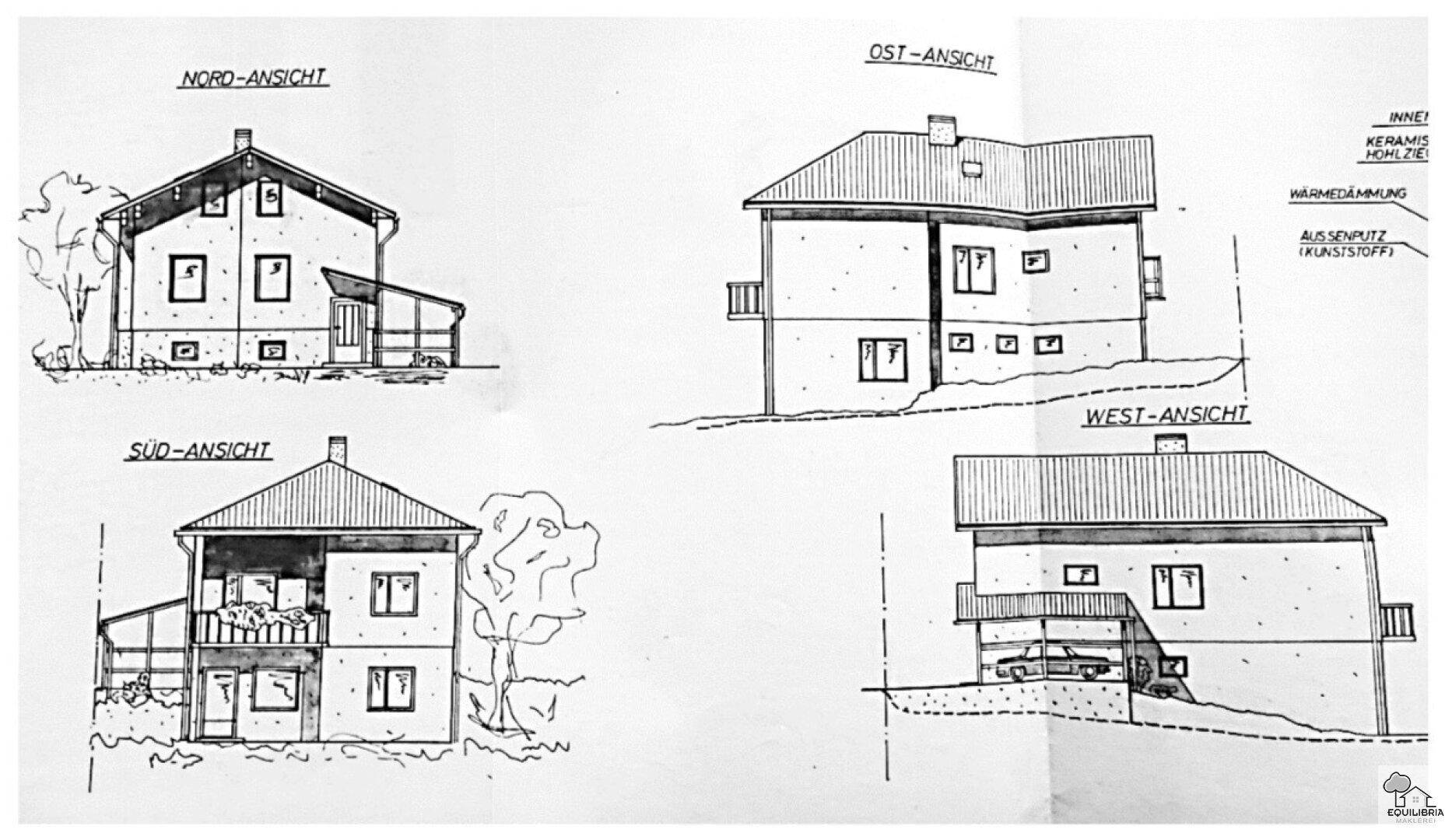 Architektonische Ansichten des Hauses von allen vier Himmelsrichtungen.
