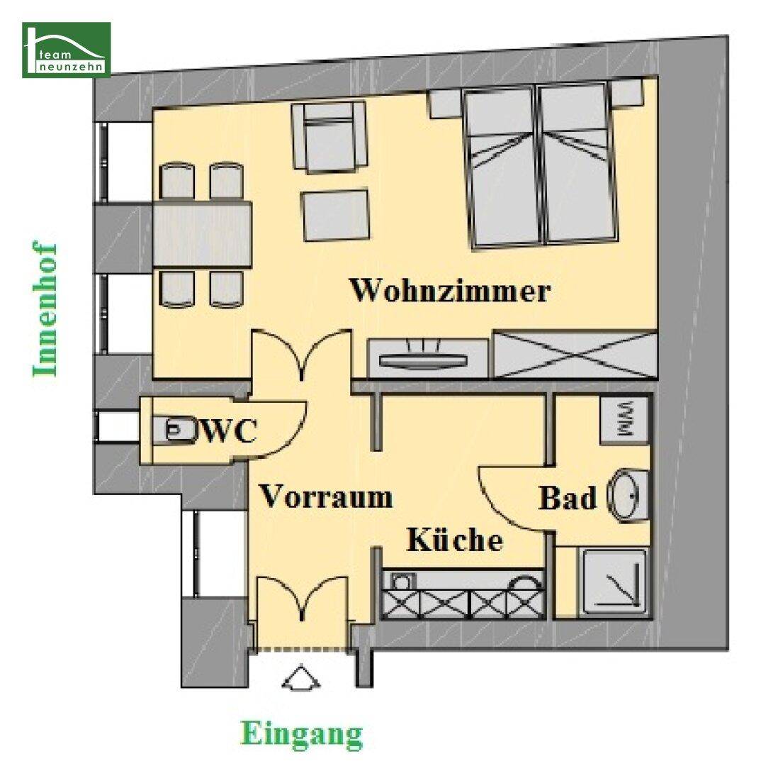 Detaillierter Grundriss der Wohnung mit Aufteilung in Wohnzimmer, Küche, Bad und separatem WC.