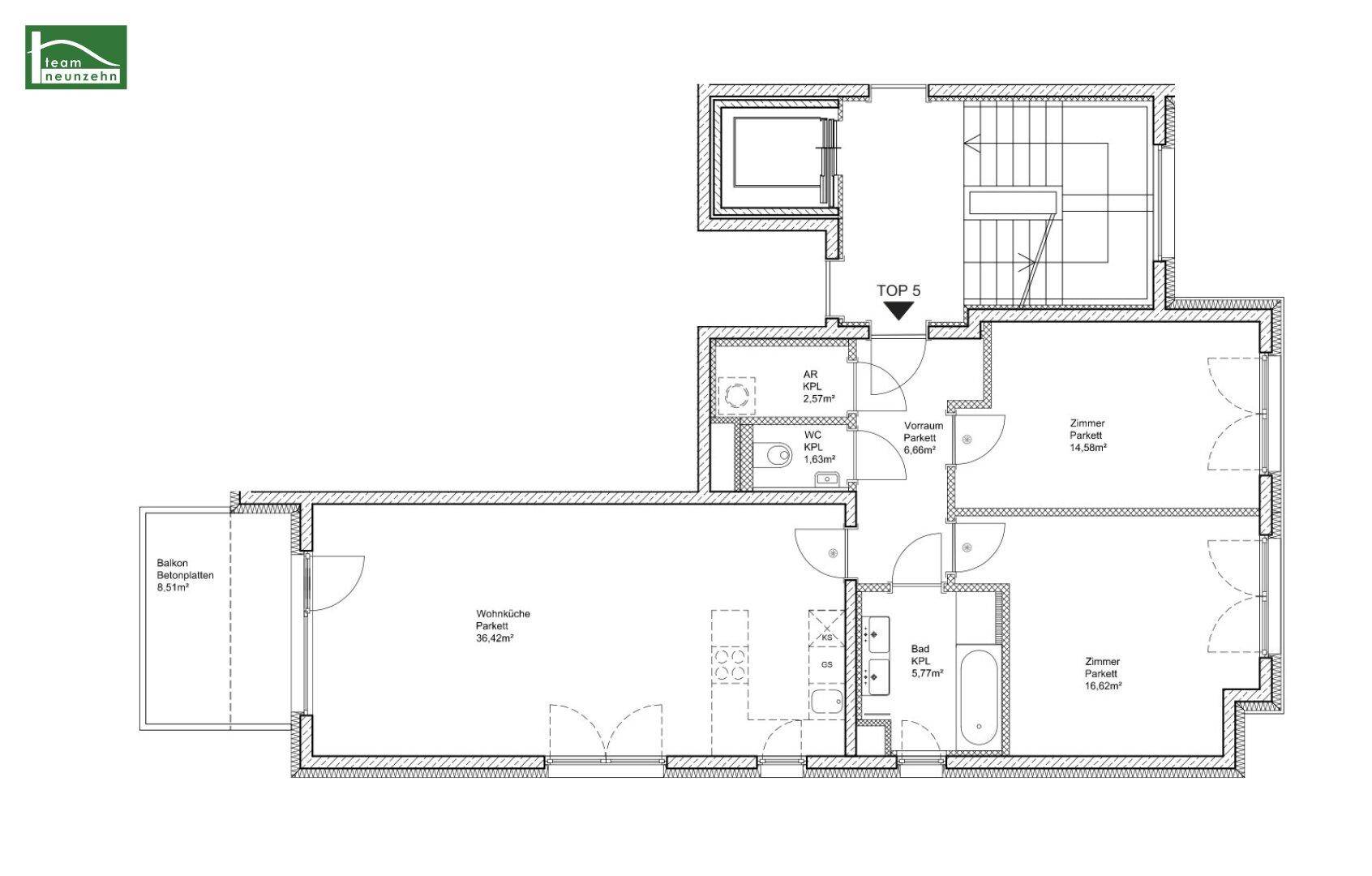 Grundrissplan einer Wohnung mit offenem Wohnbereich, zwei Zimmern und Balkon.