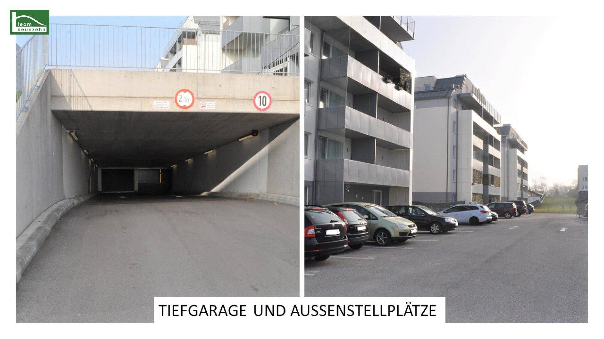 Einfahrt zur Tiefgarage und angrenzende Außenstellplätze des Wohnkomplexes.