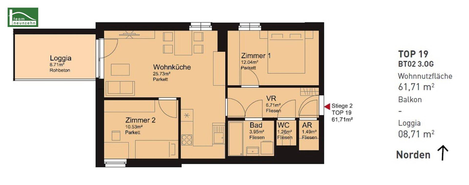Grundriss der Wohnung TOP 19 mit Wohnküche, zwei Zimmern, Bad, WC und Loggia.