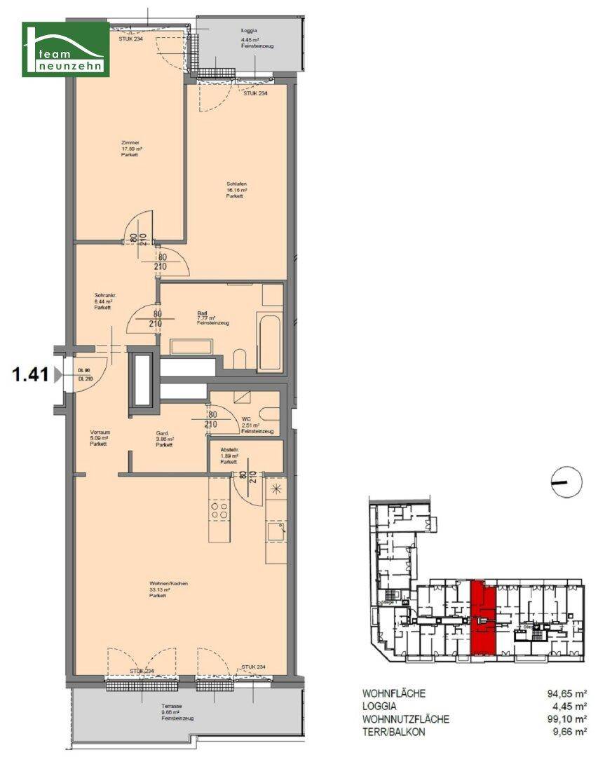 Detaillierter Grundriss einer Wohnung mit Loggia und Terrasse, inklusive Raumaufteilung.