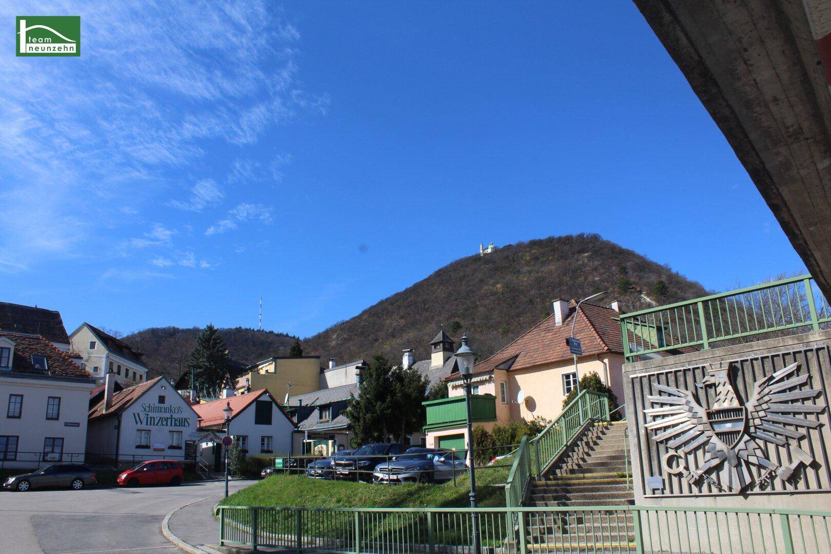 Malerische Umgebung mit traditionellen Gebäuden und einem bewaldeten Berg im Hintergrund.
