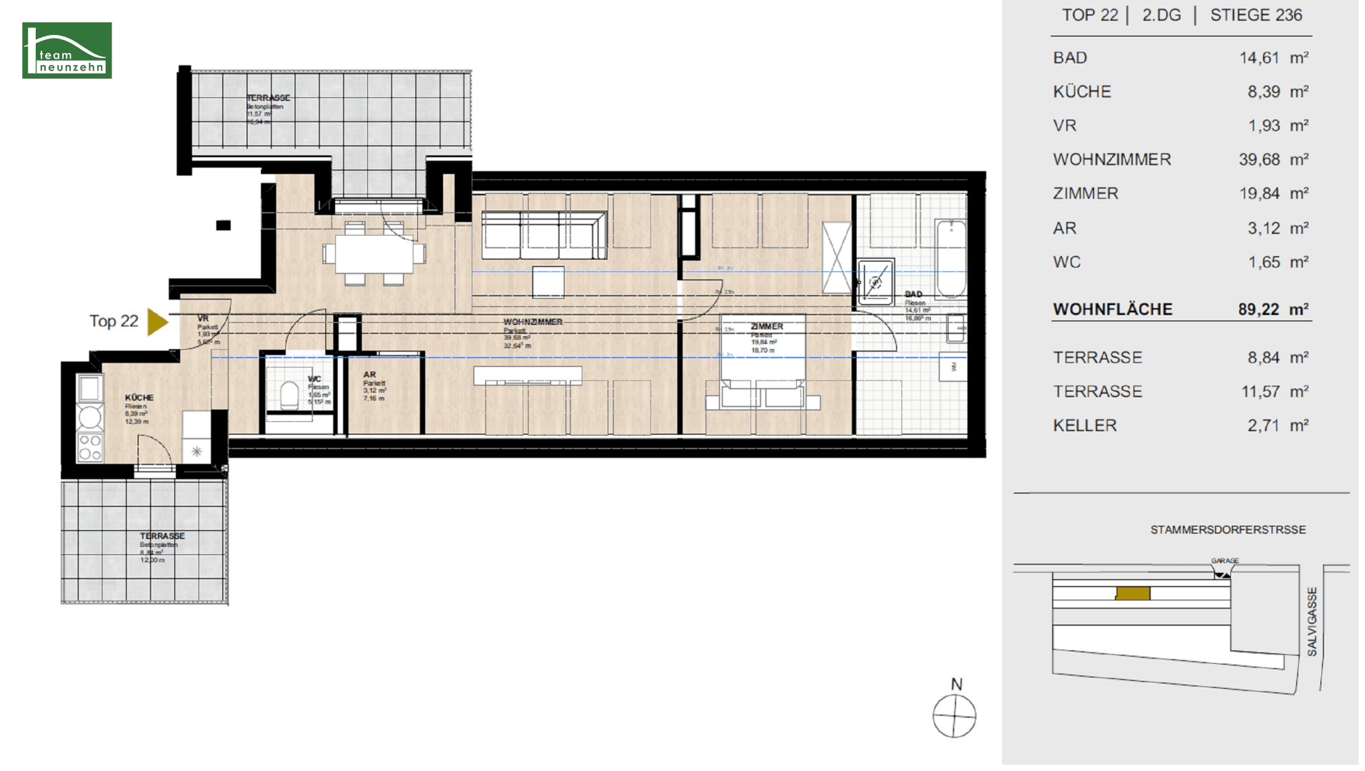 Grundriss der Wohnung Top 22 mit zwei Terrassen und detaillierten Raummaßen.