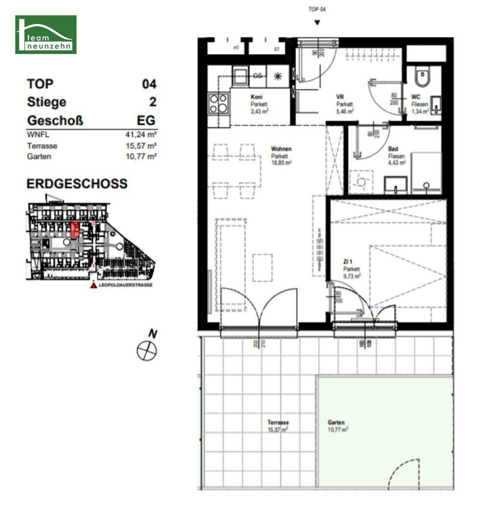 Grundriss des Erdgeschosses mit Wohnbereich, Schlafzimmer und Terrasse mit Garten.
