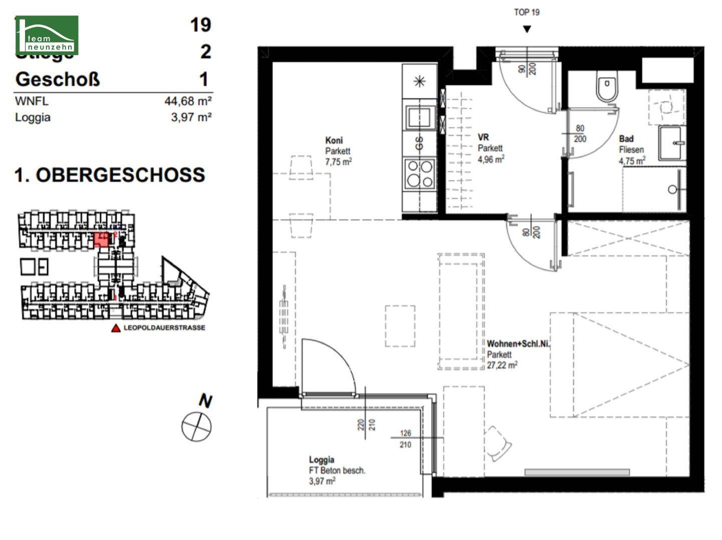 Grundriss einer Wohnung im ersten Obergeschoss mit Loggia und offenem Wohnbereich.