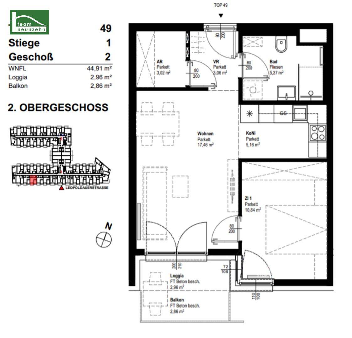 Grundriss der Wohnung im 2. Obergeschoss mit Loggia und Balkon.