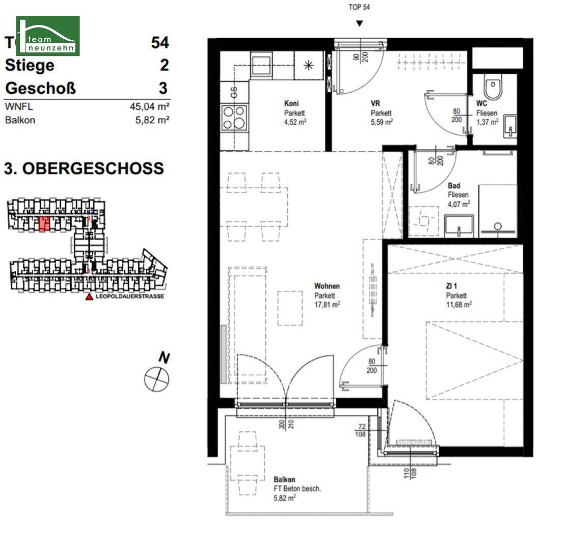Detaillierter Grundriss einer Wohnung im 3. Obergeschoss mit Balkon.