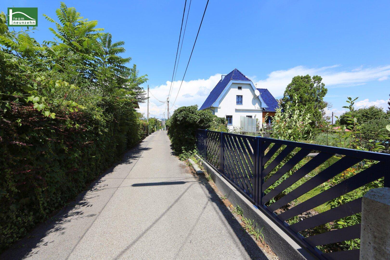 Ruhige Straße mit grünen Hecken und einem Haus mit blauem Dach in der Ferne.